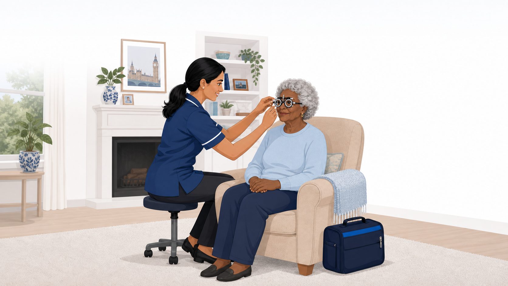 Optometrist with elderly care home resident